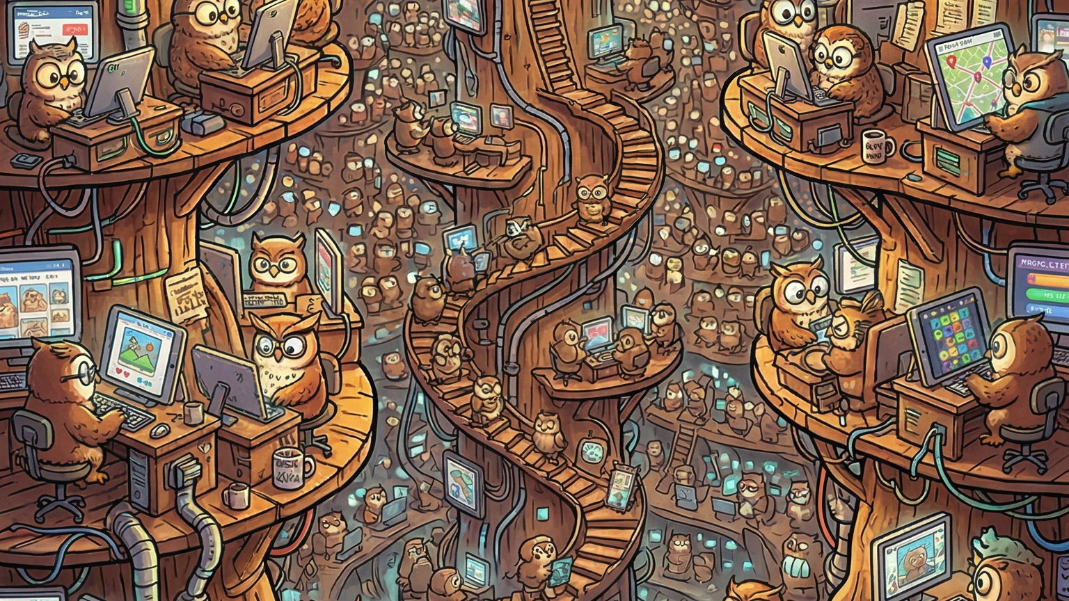 An illustration of countless owls perched in a vast tree, each working at their own computer terminal